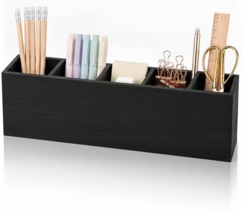 Jetec Wooden Pencil Pen Holder for Desk, Black, 5 Compartments by Jetec