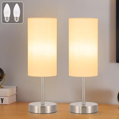 RISLG 2 Pack Small Table Lamp for Bedroom, Bedside Lamp for Nightstand, Minimalist Modern Desk Lamp with Linen Fabric Shade for Living Room, Office, Kids Room, Dorm, LED Bulb Included by Rislg