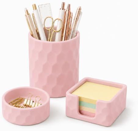 Aesthetic Geometric Silicone Desk Organizer Set of 3,Modern Office Desk Accessories with Round Pen Holder,Paperclip Tray,Sticky Note Holder,Stylish Functional Desk Decor for Home Office(Pink) by minimaliving