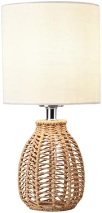 KUNJOULAM Rattan Table Lamp, Small Nightstand Lamp with Linen Fabric Lampshade, Desk Lamp Bedside Lamp for Living Room Home Office, Without Buld by KUNJOULAM