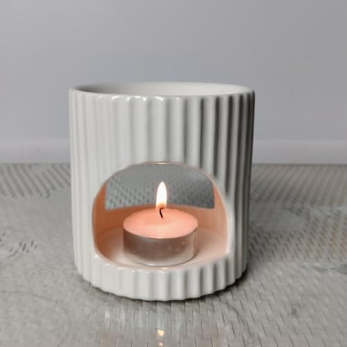 Glossy Vertical Ribbed Ceramic Wax Melt Warmer, Minimalist Cylinder Tea Light Essential Oil Burner Cream Home Decor White - Image 4