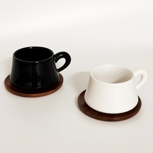Black Cappuccino Mug and Wood Saucer - 7 oz Ceramic Coffee Cup with Saucer | Microwave Dishwasher Safe | For Tea, Espresso, Latte | Porcelain Cup Set for Kitchen Cafe | Great Gift - Image 4