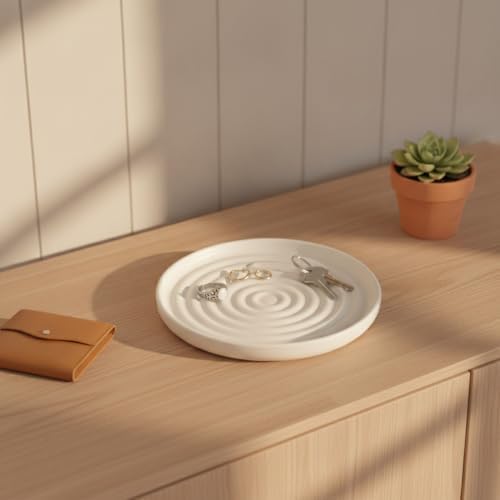 Ceramic Jewelry Tray with Water Ripple Texture, Small Catchall Dish for Rings & Earrings, Vanity Organizer for Bathroom or Dresser (White) - Image 3