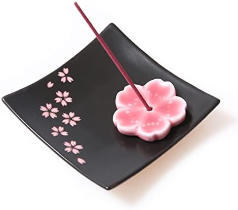 Japanese Ceramic Handmade Cute Cherry Blossom Incense Stick Holder or Incense Burner Holder, Unique Ash Catcher Inscent Tray and Decorative Gift, Home Decor 3.94 inches, Square Pink by Oavand