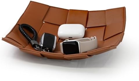 Valet Tray PU Leather Key Holder Bowl for Men and Women Entryway Table Nightstand Catchall Storage Organizer EDC Dump Tray for Wallet, Keys, Coins Men's Gift - Brown, 9.8" L x 9.8" W x 2" H by MSJGA