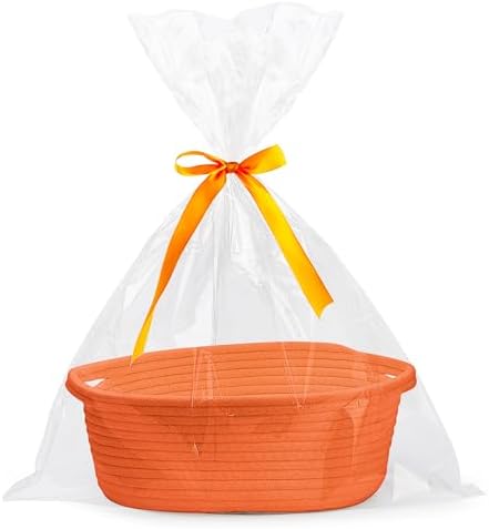 Pro Goleem Small Woven Basket with Gift Bags and Ribbons Durable Baskets for Gifts Empty Small Rope Basket for Storage 12"X 8" X 5" Baby Toy Basket with Handles, Orange by ProGoleem