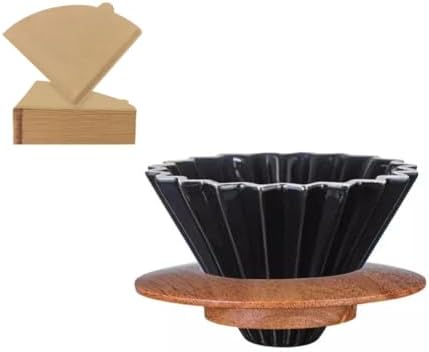 Ceramic Coffee Dripper,Pour Over Coffee Dripper with Wood Stand, Flower-shape for 1-2 Cups Slow Brewing Maker for Home Cafe,Includes Paper Filter Sheets (black) by Mix+Blu