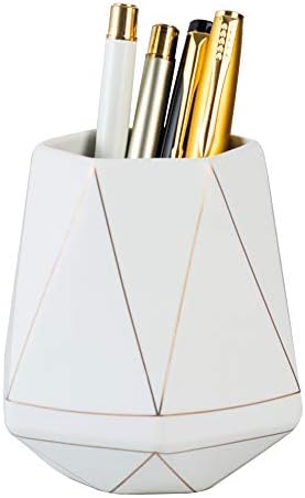 Ceramic Desk Cute Pen Holder Stand Gold Line Pencil Cup Pot Desk Organizer Makeup Brush Holder (White) by YOSCO