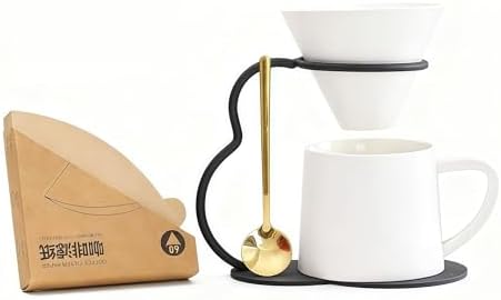 Pour Over Coffee Maker set,Ceramic Coffee Maker With V60 40 pcs Paper Filter，Metal Stand 9oz 270ml mug Pour Over Coffee Dripper White by chooguang
