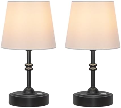 ONEWISH 2 Pack Small Cordless Lamp, Battery Operated Table lamp Dimmable, 4000mAh Rechargeable, Touch Bedside Lamp with White Fabric Shade, 2700K Bulb Included, for Dining, Patio, Bathroom(Black) by onewish