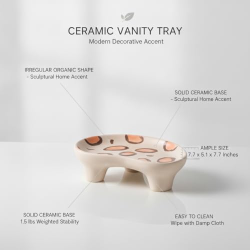 Vanity Tray Ceramic, Irregular Organic Shape Catchall Dish for Jewelry Keys Rings, Modern Decorative Accent for Nightstand Bathroom Counter Desk, White Brown - Image 4