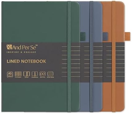 &And Per Se Lined Notebooks 3-Pack Gift Set, A5 Hardcover Journals, 160 Pages 100gsm Thick Paper, 3 Assorted Colors (Brown, Blue, Green) by AndPerSe