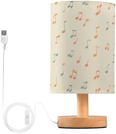 Fustylead Simple Music Note Bedside Table Lamp with USB Port for Bedroom, LED Nightstand Lamp with Round Wood Base Linen Shade for Bedroom Kids Room Living Room Dorm Office by Fustylead