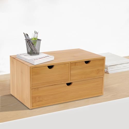 Small Desk Drawer Organizer, Bamboo Mini Desktop Drawer, Wood Tabletop Storage Organizer Box for Office Home Dormitory Toiletries Cosmetics Supplies, No Assembly Required (3 Drawers) - Image 4