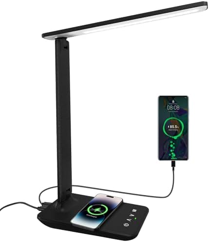 White crown LED Desk Lamp with 15W Wireless Charger & USB Port, Dimmable Table Lamp with 5 Lighting Modes, Sensitive Touch Control, Foldable & Portable Desk Light for Home, Office, Bedroom, Reading by WhiteCrown