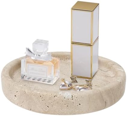 Travertine Tray, Small Ceramic Vanity Tray for Bathroom Counter Decor, Round Marble Decorative Trays for Coffee Table (Beige, Small Size) by Unknown