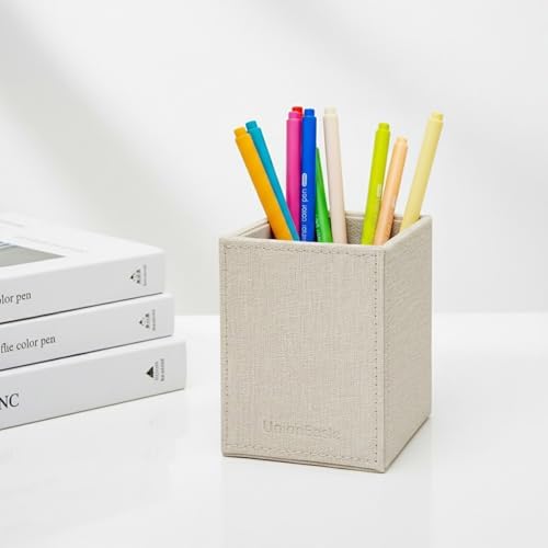 UnionBasic Square Pen Holder, Leather Pencil Cup, Desktop Caddy Stationery Organizer, Beige - Image 6