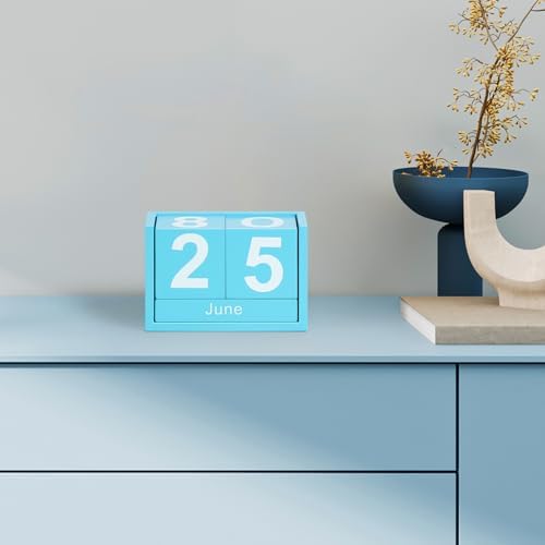 Wooden Block Calendar for Desk, Small Size Daily Desktop Perpetual Desk Calendar, Cute Date Display Desk Accessories for Home Office Decor, Teacher, Classroom, Reusable Yearly, Blue - Image 2