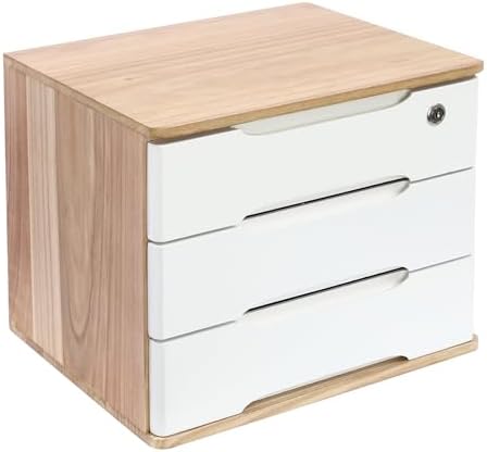 Wooden Desktop Storage Box with Lockable Drawers, Flat File Cabinet Drawer Desktop Storage Box, Countertop Storage Cabinet for Office Home Toiletries Supplies Vanity (natural wood+white, 3 Drawer) - Image 4