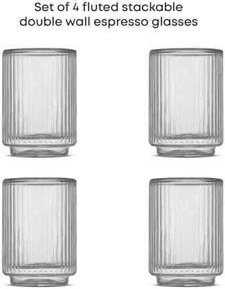 JoyJolt Haven Fluted Stackable Espresso Cups Set of 4, 2.5oz Ribbed Double Wall Glasses, Stacking Insulated Coffee Cup Set, Small Glass Coffee Cups for Espresso Machine Accessories - Image 4
