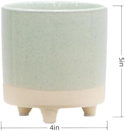 5in Two Tone Green Ceramic Footed Plant Pot, Green Pottery Container - Image 2