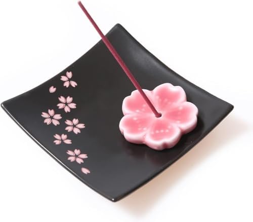 Japanese Cherry Blossom Ceramic Handmade Cute Incense Stick Holder or Incense Burner Holder, Unique Ash Catcher Inscent Tray and Decorative Gift, Home Decor 3.96 inches, Square Black by Oavand