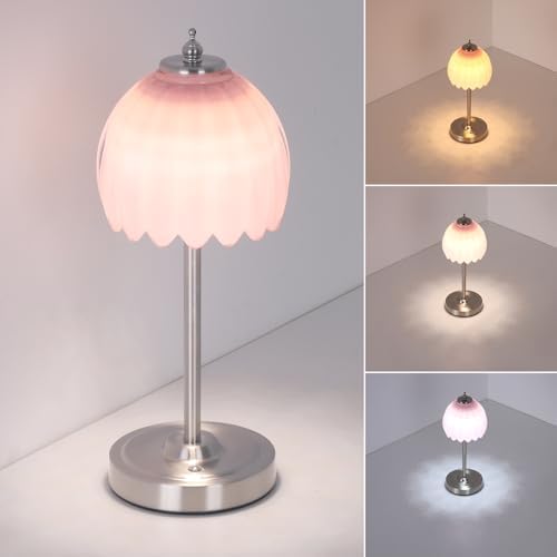 Shenmoyl Rechargeable Table Lamp with 5200mAh Battery & Touch Control - 3 Adjustable Color Temperatures, Cordless Dimmable Table Light for Bedroom, Office Desk, Nightstand (Creamy Pink,Silver Base) by Shenmoyl