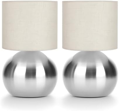 Modern Small Table Lamp Set of 2, Minimalist Nightstand Bedside Lamps with One-Button Inline Switch, 6.2×6.2×10.4 Inch Desk Light for Bedroom, Living Room,Including Light Bulb（Silvery） by LAMP