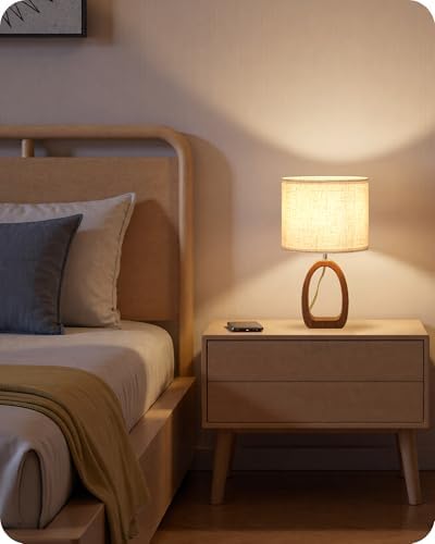 Wood Table Lamps Set of 2, 14.2" Small Bedside Lamp with Beige Linen Lampshade & Dark Pearwood Base, Modern Nightsantd Lamps, Cute Desk Lamp for Small Space, Bedroom, E26 Base, LE07TLP205 - Image 2