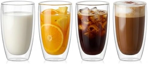 DOPUDO 17oz Double Wall Glass Coffee Mugs Set of 4, Insulated Coffee Mug, Clear Borosilicate Glass Coffee Cups for Cappuccino, Tea, Lightweight and Microwave Safe by DOPUDO