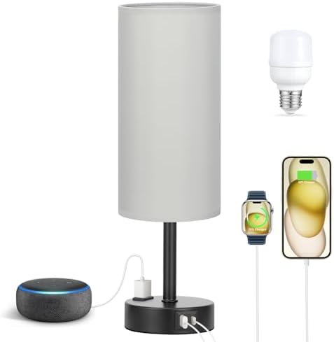 Fenmzee Grey Bedside Lamp for Bedroom, Dimmable Touch, USB A+C, AC Outlet - Image 6