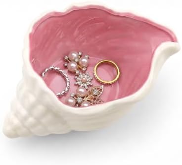 Pink Conch Shell Jewelry Dish Ceramic Ring Tray, Coastal Trinket Tray Decorative Jewelry Holder for Rings Earrings, Vanity Bathroom Dresser Decor Accent, Aesthetic Beach Style Room Decor by Unknown