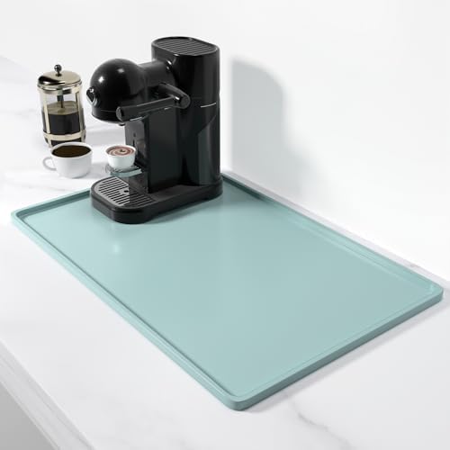 Rnivvi Silicone Coffee Mat, 12" x 19" Waterproof Raised Edge Coffee Bar Mats for Espresso Machine Station Accessories, Heat Resistant Dish Drying Pad for Kitchen Counter, Bar Decor Pad, Shadow Green by Rnivvi