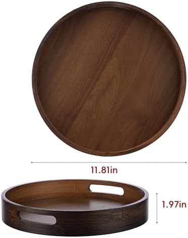 Round Trays Home Decor, 11.8" Large Round Wood Tray for Ottoman Coffee Table Trays, Wooden Kitchen Serving Decorative Trays for Home Office Counter Serveware Organizer, Walnut - Image 2