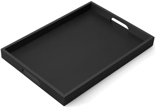 17 Inch Wood Serving Tray with Handles - Large Wooden Tray for Ottoman, Breakfast in Bed, Dinner, Coffee Table - Black Rectangular Tray for Living Room Bedroom Entryway and Kitchen by Unknown
