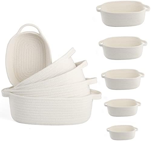 VOOWO Set of 5 Rectangular Cotton Rope Baskets for Storage, Organizing, Decorating, Off White by VOOWO