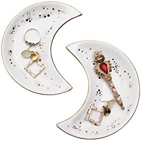 Soddeph Small Moon Ceramic Jewelry Tray, Decorative Trinket Dish, Ring Holder Plate, Modern Accent Tray for Bathroom, Nightstand, Entryway Table, Vanity (2, White) by Soddeph