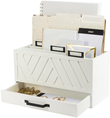 BLU MONACO | Wooden Mail Organizer with Drawer and Gold Labels | Mail Sorter Organizer Countertop for Desk | Paper and Letter Sorter for Office Storage by Blu_Monaco