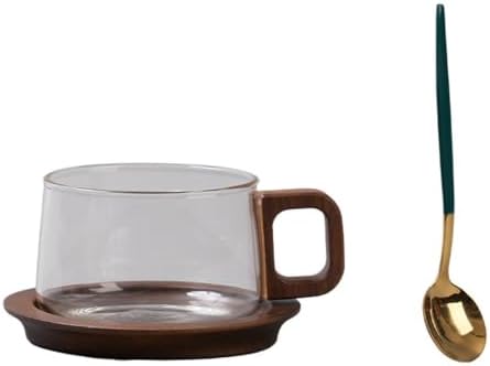 Clear Glass Coffee Cup with Wooden Handle and Base, 260ml Heat Resistant Tea Mug Set with Spoon, Elegant Latte Espresso Drinkware for Home Kitchen Office by Unknown