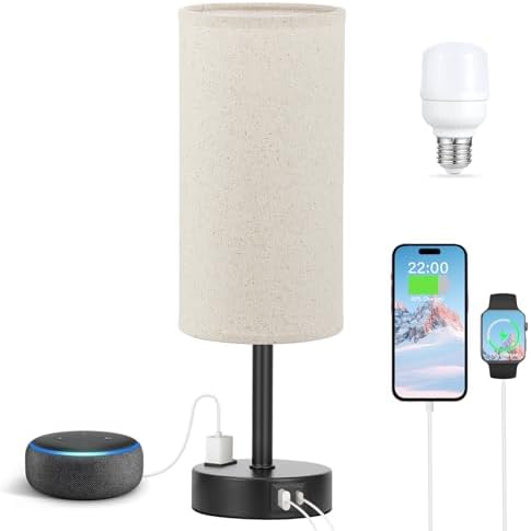 Fenmzee Beige Bedside Lamp for Bedroom, Dimmable Touch, USB A+C, AC Outlet - Image 6