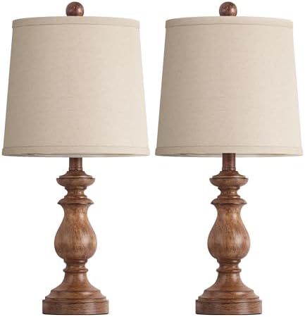 PARTPHONER Traditional Table Lamp Set of 2, Rustic Farmhouse Table Lamps for Living Room Bedroom, 22" Bedside Desk Lamps Vintage Nightstand Lamps with Linen Shades, Wood Grain - Image 2