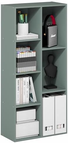 Furinno LUDER Book Shelf, 7-Cube Bookshelf, Bookcase with Open Shelves, 9.4 x 19.5 x 41.7, Easy Assembly, for Living Room, Bedroom, Home Office, Sage Green by Furinno-FitsYourSpaceFitsYourBudget