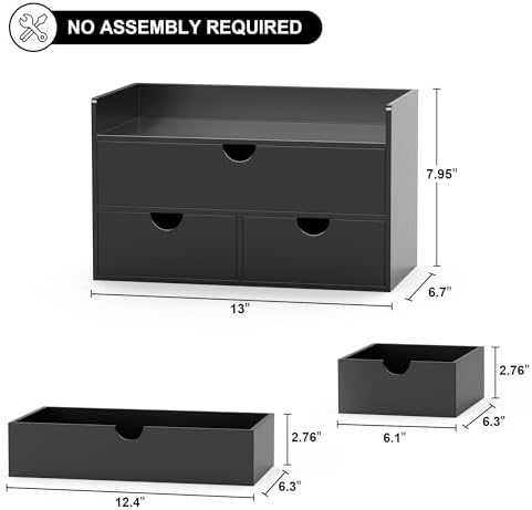 Bamboo Desk Organizer with Drawers Desktop Storage Drawers for Bills Office Supplies Kitchen Utensils Organizing Tool for Home Classroom Organization No Assembly (Black with Shelf) - Image 3