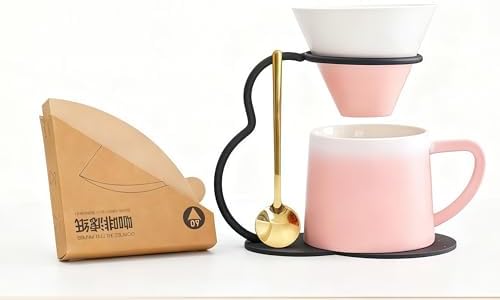 Pour Over Coffee Maker set,Ceramic Coffee Maker With V60 40 pcs Paper Filter，Metal Stand 9oz 270ml mug Pour Over Coffee Dripper Pink by chooguang