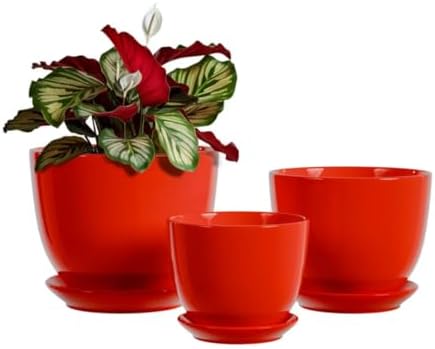 Ceramic Plant Pots Set of 3，Red Flower Pots with Drainage Holes and Saucers by Unknown