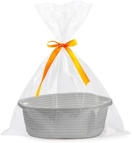 Pro Goleem Small Woven Basket with Gift Bags and Ribbons Durable Baskets for Gifts Empty Small Rope Basket for Storage 12"X 8" X 5" Baby Toy Basket with Handles, Gray by ProGoleem
