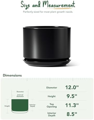 LE TAUCI 12 Inch Pots for Plants, Ceramic Plant Pots with Drainage Holes and Saucers, Elegant and Durable Large Plant Pot, Perfect for Home & Office Decor, Black - Image 4