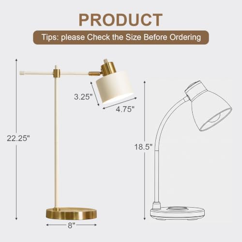 OYEARS 22.2" Modern Desk Lamp, Metal Table Lamp with LED Bulb, Adjustable Reading Lamps for Living Room, Mid Century Nightstand Lamp for Home Office, Industrial Bedside Lamps, Cream and Gold - Image 3