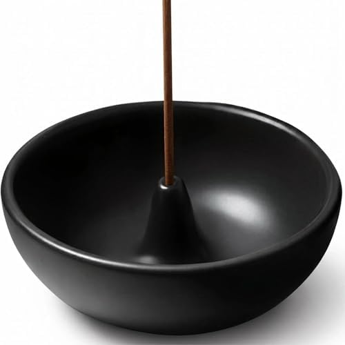 Black Ceramic Incense Holder Bowl - 3 Inch Round Incense Burner for Meditation, Home Decor, Ash Catcher with Center Hole for Thin Sticks by werdecade
