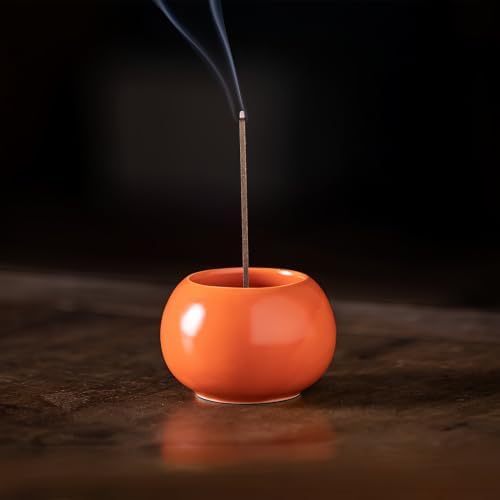 Orange Glaze Ceramic Incense Burner Bowl, 2.2 Inch Zen Stick Incense Holder with Ash Catcher, Minimalist Tabletop Censer for Meditation Yoga Aromatherapy, Home Office Desk Decor by werdecade